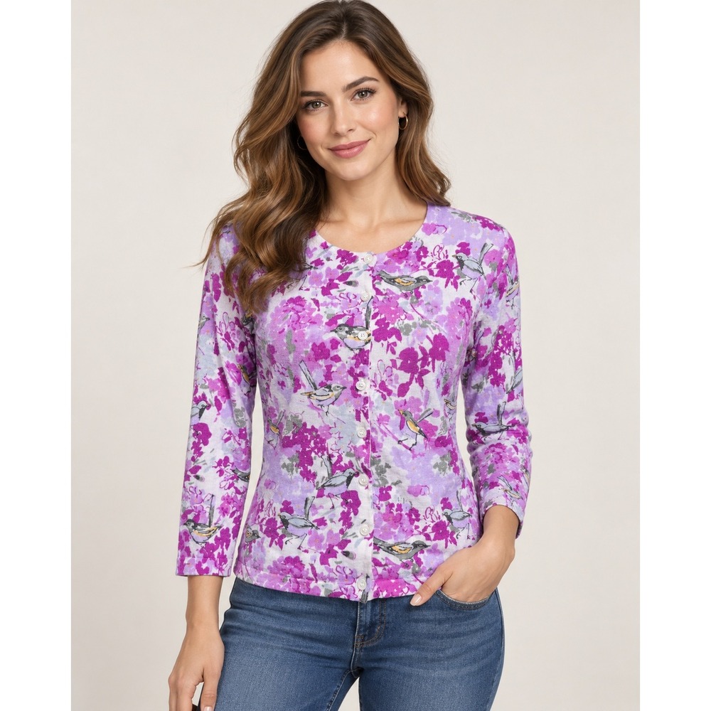 Garnet Hill Womens Purple Floral Bird Print 100% Merino Wool Cardigan Size M